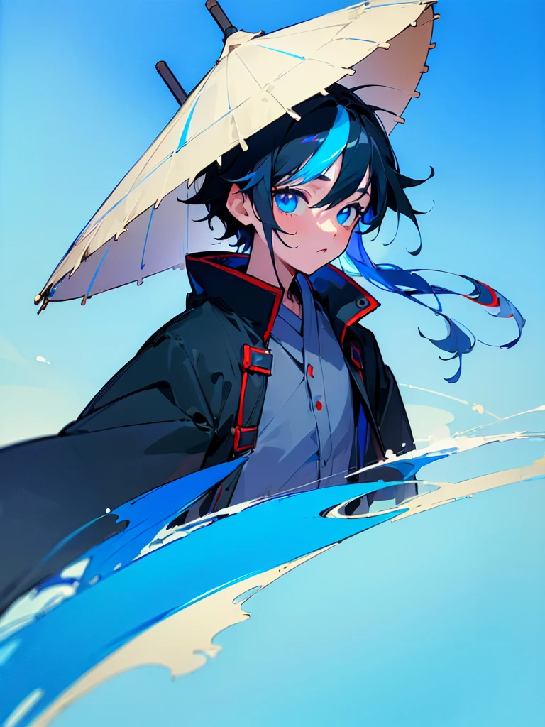 [(SKY BLUE BACKGROUND:1.5),::5], ((((masterpiece)))), high quality, ultra very high resolution, full color, (((solo))), (( boy)), BLACK hair, ((Blue streaked hair)), (oriental deepblue eyes), anime, ((upper body)), Summer clothes, black parka,