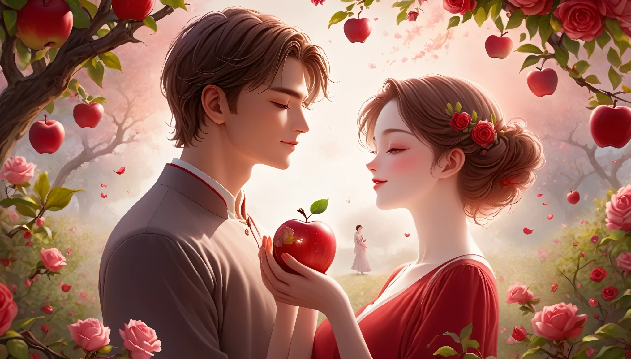 (masterpiece, best quality:1.2), 1 man 1 woman, whole body，2-Player World，Boy holding an apple，romantic petals，Apple Tree，Ultra-high detail，Rose，In the flowers，Red hue，Smile，