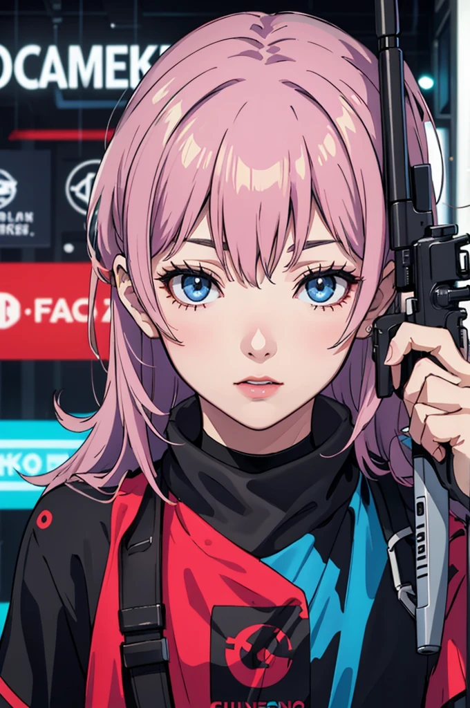 (Better Quality, first work:1.2) | Detailed Eyes:1.2 1 Female ,Solindo (Dynamic English, throw, face, Long Hair,gun shop) choker, shirt, オープンスウェットshirt, finely, first work, Cyberpunk style clothing