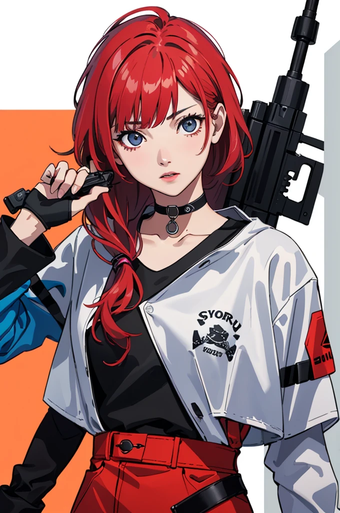 (Better Quality, first work:1.2) | Detailed Eyes:1.2 1 Female ,Solindo (Dynamic English, throw, face, Long Hair,gun shop) choker, shirt, オープンスウェットshirt, finely, first work, Cyberpunk style clothing