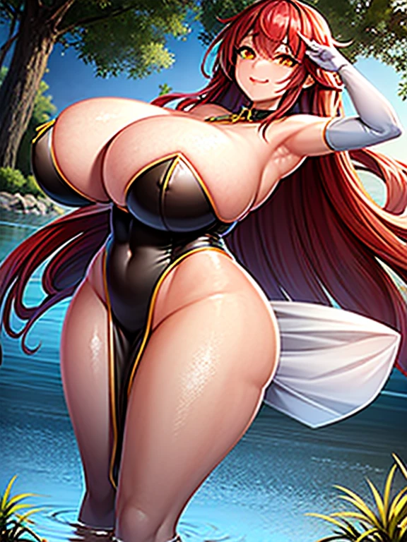 The image features a beautiful, anime-style woman with long, flowing hair, wearing a white dress. She is standing in a body of water, possibly a lake or a pond, and appears to be posing for a picture. The woman's dress is adorned with gold accents, adding a touch of elegance to her appearance. The scene is serene and picturesque, with the woman's graceful pose and the tranquil water creating a captivating visual. A mature, curvy woman with natural, saggy breasts, but with a perfect appearance. Her breasts are large, size 3, and measure 125.5 cm in circumference. She has a perfect body, with wide hips and a big ass. Her feline eyes are sharp and piercing. She is a milf with a voluptuous and attractive body. long flowing red and blue hair.