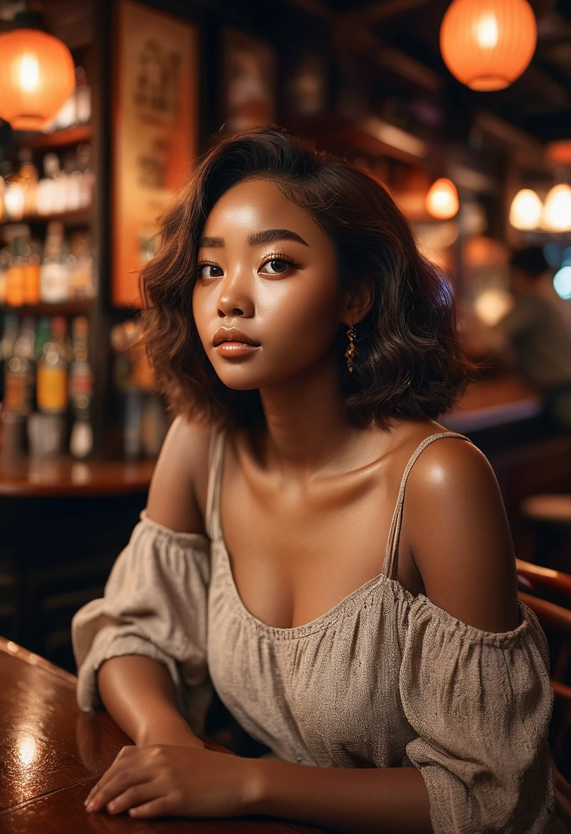 A captivating and romantic image of a stunning black girl sitting at a dimly lit bar, her eyes looking away with a strong yet soft facial expression. The scene is set in the Hallyu style, with soft, romantic lighting and a warm color palette of dark orange and light brown tones. She is captured with the Zeiss Batis 18mm f/2.8 lens, which emphasizes the realistic details of her features and the textures of her surroundings. The backdrop reveals a blurred, dreamy atmosphere, immersing the viewer in the romantic ambiance.