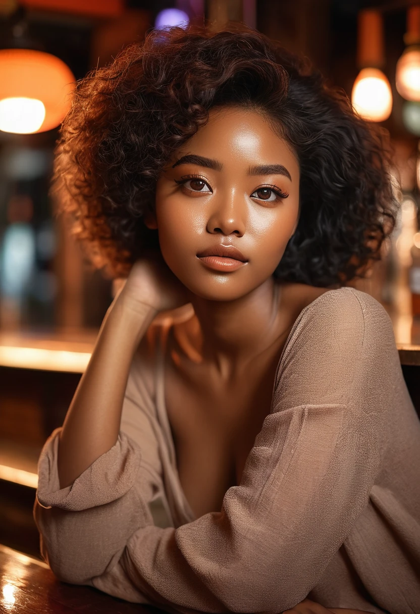 A captivating and romantic image of a stunning black girl sitting at a dimly lit bar, her eyes looking away with a strong yet soft facial expression. The scene is set in the Hallyu style, with soft, romantic lighting and a warm color palette of dark orange and light brown tones. She is captured with the Zeiss Batis 18mm f/2.8 lens, which emphasizes the realistic details of her features and the textures of her surroundings. The backdrop reveals a blurred, dreamy atmosphere, immersing the viewer in the romantic ambiance.