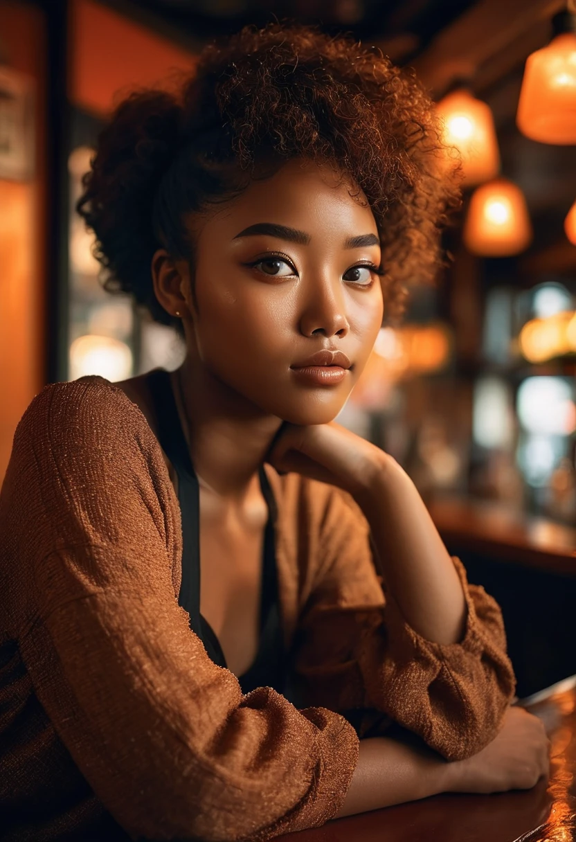 A captivating and romantic image of a stunning black girl sitting at a dimly lit bar, her eyes looking away with a strong yet soft facial expression. The scene is set in the Hallyu style, with soft, romantic lighting and a warm color palette of dark orange and light brown tones. She is captured with the Zeiss Batis 18mm f/2.8 lens, which emphasizes the realistic details of her features and the textures of her surroundings. The backdrop reveals a blurred, dreamy atmosphere, immersing the viewer in the romantic ambiance.