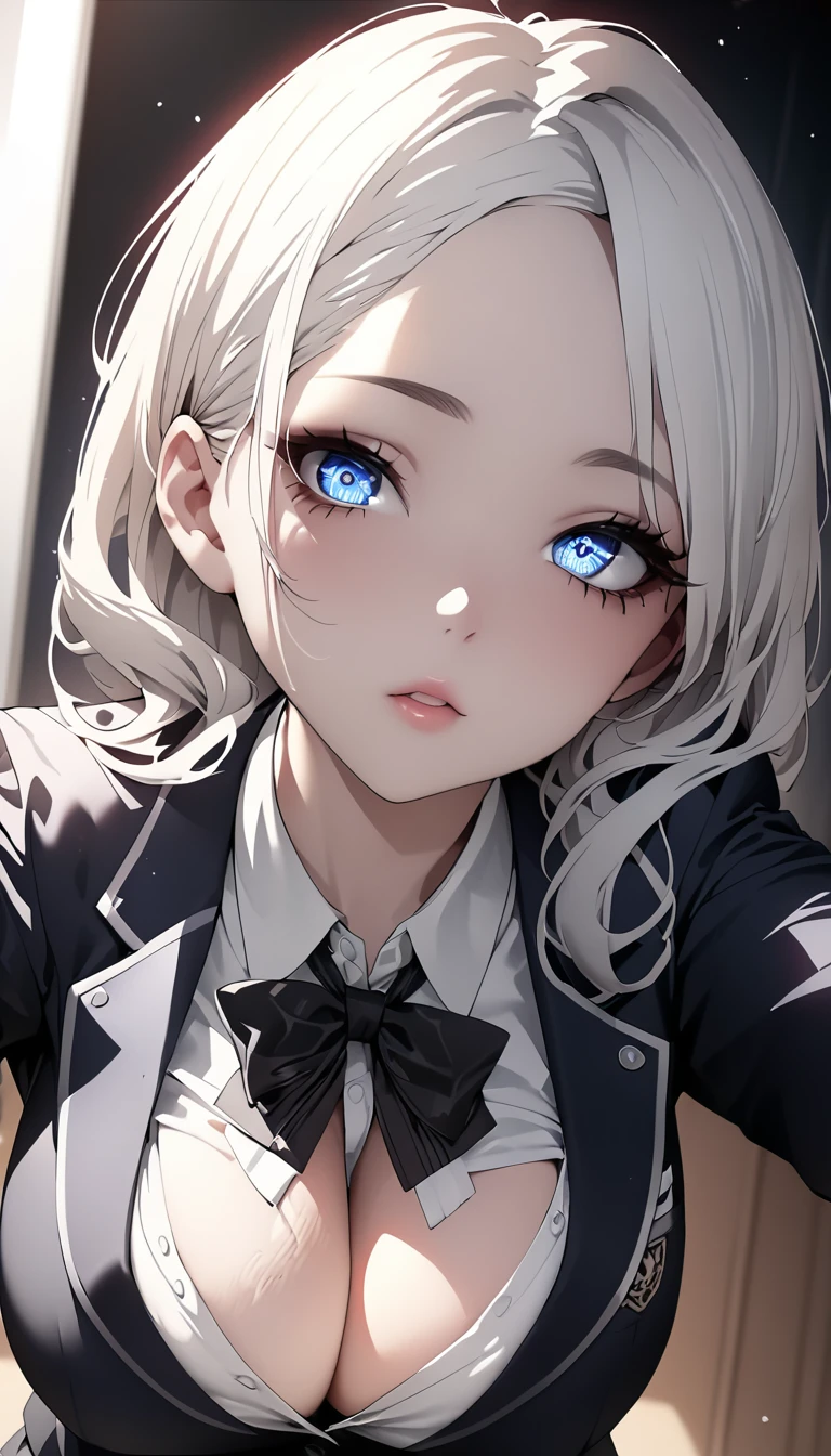 (high quality, 8k, 4K, High Contrast, masterpiece:1.2, 最high quality, Best aesthetics), 1 female, (Realistic skin texture:1.3), (Film Grain:1.3), (Selfie angle, High Angle), Wearing a blazer over her big boobs,  (Chest highlights), One Girl, Beautiful and detailed eyes and face, 最high quality, close, Upper Body,