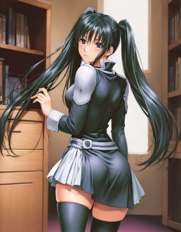 Lenalee, with her long, beautiful legs and twin tails, is wearing a miniskirt uniform and black knee socks and is standing in front of a bookshelf in the library.。Angle from behind。