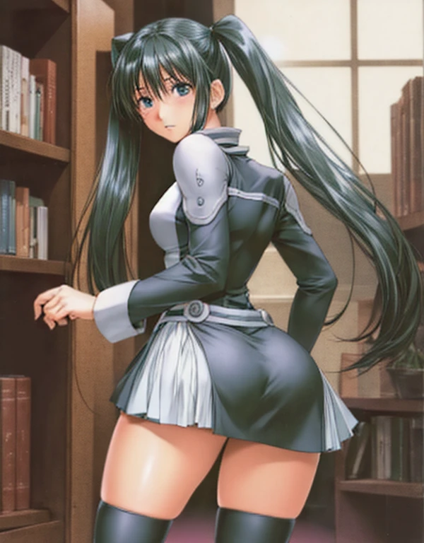 Lenalee, with her long, beautiful legs and twin tails, is wearing a miniskirt uniform and black knee socks and is standing in front of a bookshelf in the library.。Angle from behind。