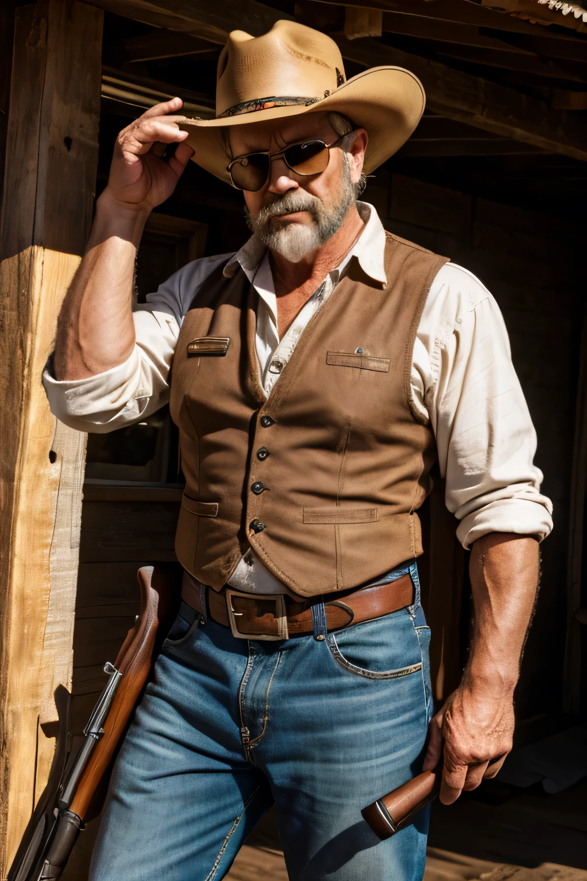 old redneck, holding an old shotgun, wearing a brown cowboy hat and sunglasses, posing charismatically, portrait