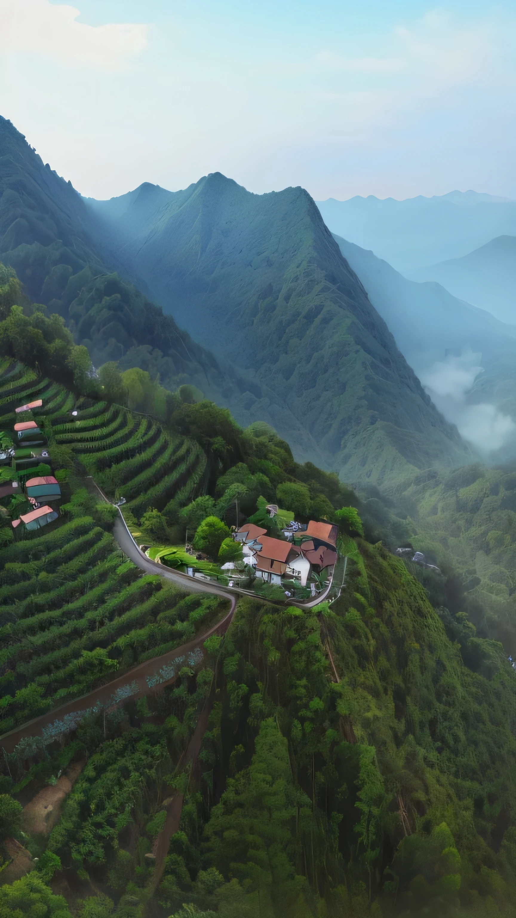 On the top of the mountain there is a house，wooded, &sit; Aerial view of the mountains, Assam tea garden atmosphere, backdrop: assam tea garden, bird&#39;S Eye View CineStill 800t 18mm, Watch from above, Drone shot, Dojo on the mountain, ( Visually breathtaking, Viewed from above, Terraced orchards and ponds