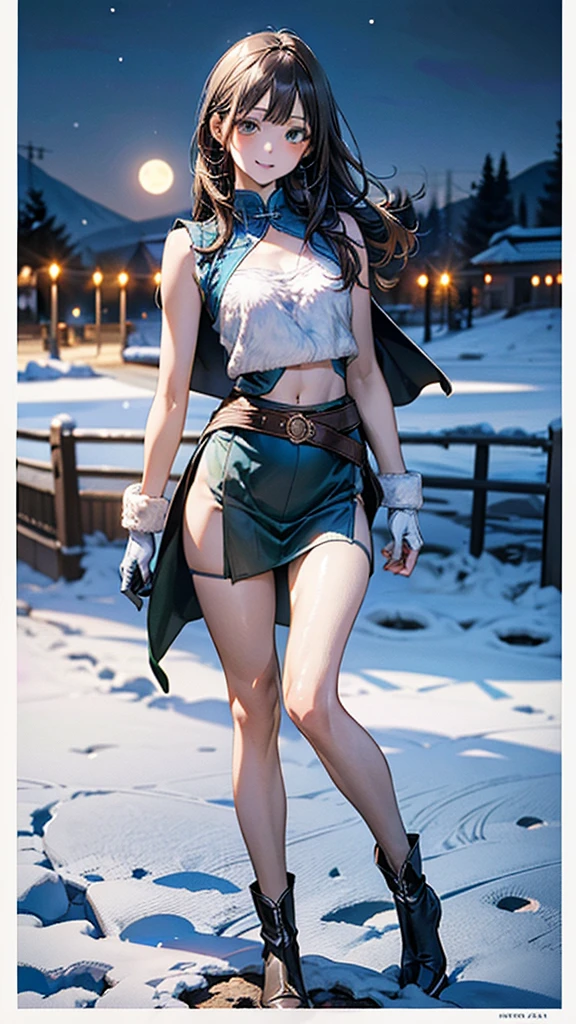 (masterpiece:1.3, top-quality, ultra high res, ultra detailed), (realistic, photorealistic:1.4), beautiful illustration, perfect lighting, natural lighting, cute girl, depth of fields, ((very slender:1.5)),Character is short.,green long hair, green eyes, white color dress, 12years old,tigh china dress, sleeveless, Turquoise blue short skirt, ((blue waist cloak)), Boy body type,Dark gray gloves, elbow Glove, (Navel-out), Black pantyhose, Brown waist belt,beautiful detailed hair, beautiful detailed face, beautiful detailed eyes, beautiful clavicle, beautiful body, beautiful chest, Slender thigh,(Thin legs:1.5), beautiful fingers, moe-e,
looking at viewer, full body, 1 girl, perfect face, (perfect anatomy, anatomically correct), cute and symmetrical face, babyface, shiny skin, bangs, slender, white_long boots,
(beautiful scenery), evening, mountain, snow, winter, snowflakes, dynamic pose, (seductive smile, upper eyes, parted lips),Moon