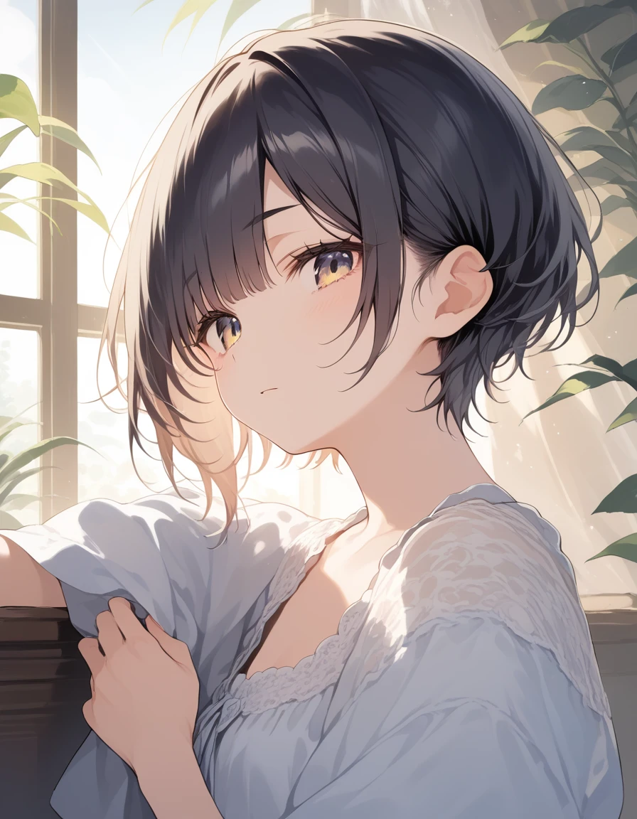 Masterpiece,ultra detailed,best quality,anime, Girl, black hair, very short hair, boyish,(puffy face, Puffy cheeks, sullen look ), dissatisfied ,camisole, small breasts, short,, outdoors,