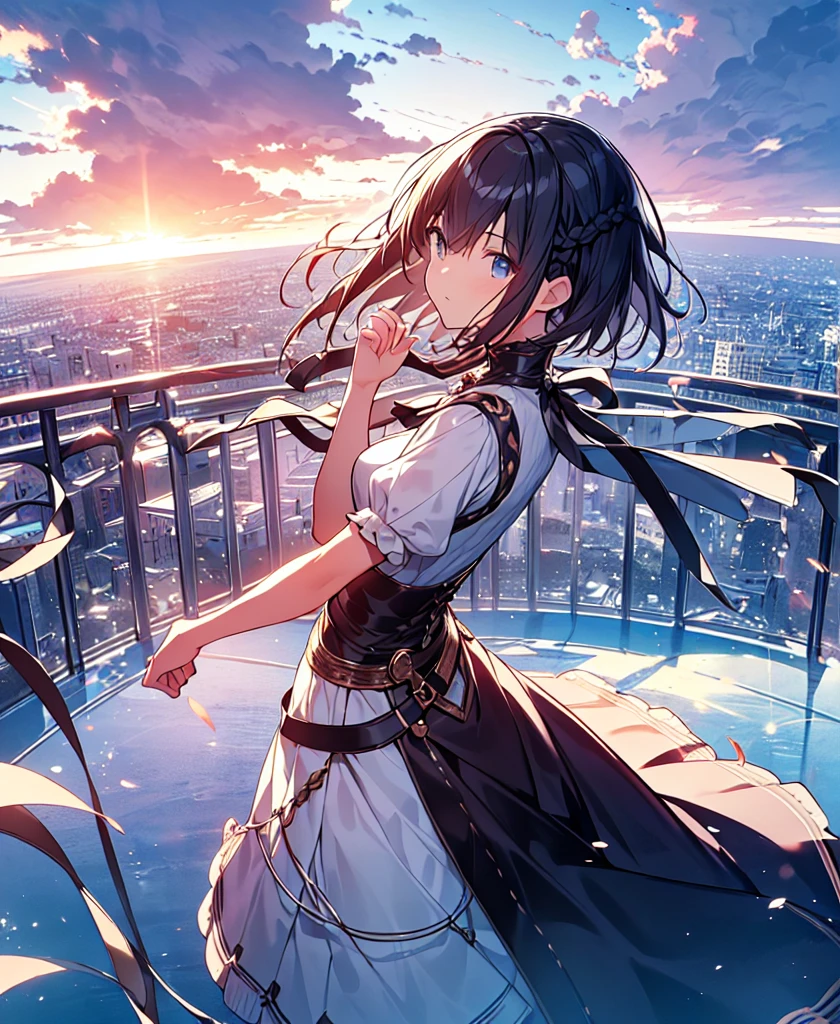Tabletop, Highest quality,figure, wallpaper, Super detailed, Absurd, One Girl, alone, (Medium Short Hair、Short braided hair), Beautiful attention to detail , Bright sky、Hair blowing in the wind,(Panoramic View:1.3),(Depth:1.5),(Long Shot:1.5)