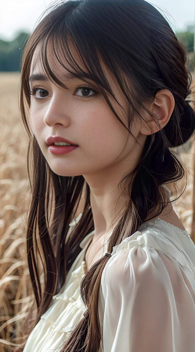 (masterpiece:1.4),, (best quality:1.4),, ultra-high res,, 8K, CG,, (extremely delicate and beautiful:1.2),, , upper body,, from side,, looking at viewer,, , 1girl,, solo,, fashi-girl,, mature girl,, , cute, sweet,, , in the wheat field,, blurry background,, , long brown hair,, ponytail hair,, , brown eyes,, closed mouth,, red lips,, , face brushed by the wind,, , white dress,, medium breasts,