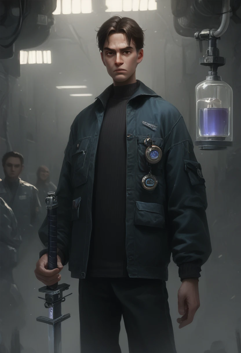 score_9, score_8_up, score_7_up, score_6_up, BREAK A young man: parted haircut, brown eyes, with goggles, wearing black pants a black knitted sweater, and a bomber jacket, with dieselpunk tech around, curious expression, inquisitive face, holding a sword, laboratory background, various machines in the background