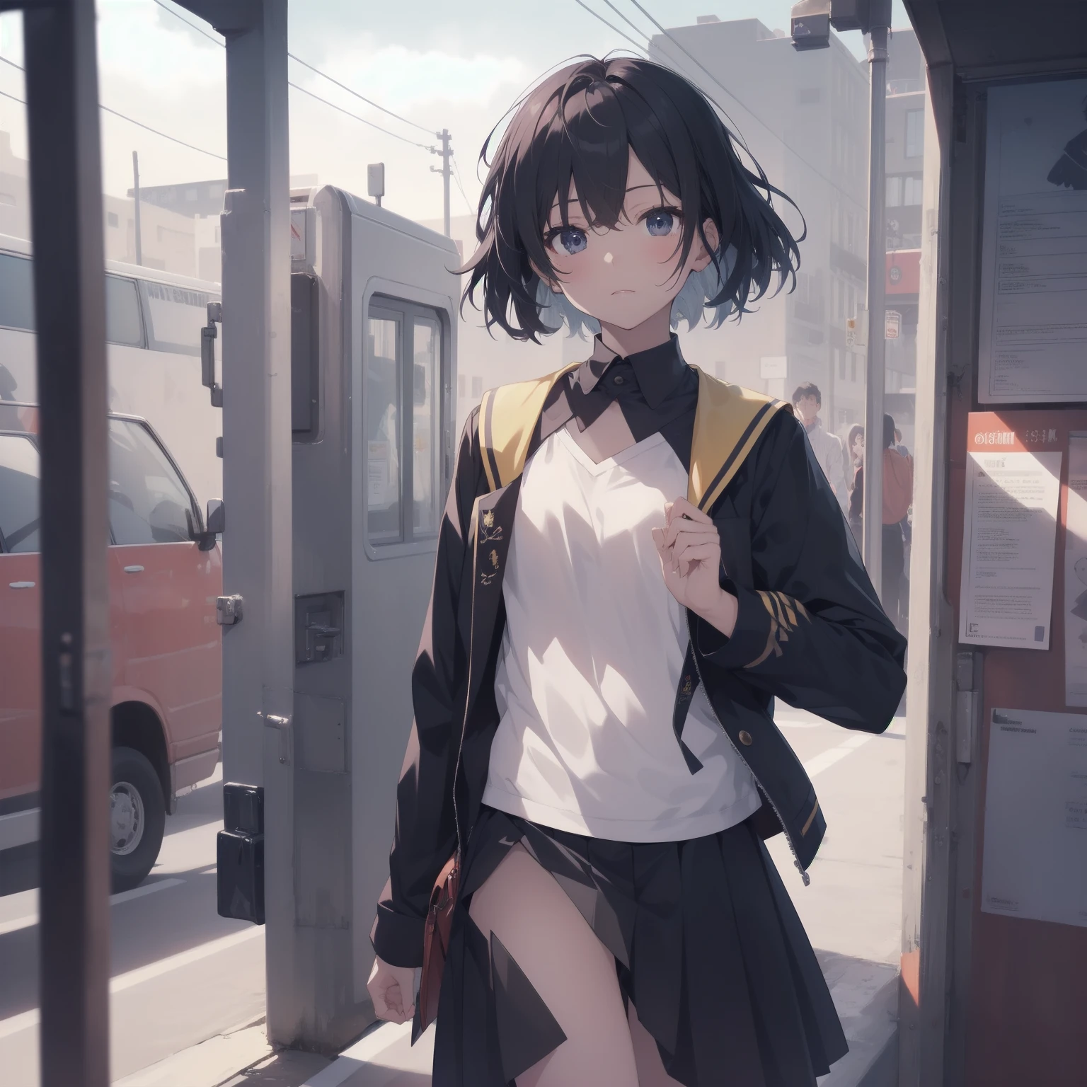ultra-absurdres-Top quality by artist God, ultra-detailed, high resolution, anime moe artstyle, best anime 8k konachan wallpaper, pixiv contest winner, pool:2810, perfect anatomy,break, 1girl, (Please draw a girl walking sleepily to school alone. )break,(Solo,little female, 13-year-old:1.3),Full limbs, complete fingers,a junior high school student, (very short hair), short cut, flat chest, , small butt, small black eyes, beautiful detailed eyes, well-proportioned iris and pupils, expressive eyes, highres detailed hair, soft expression, salor school_uniform, sailor collar, serahuku, bow, pleated skirt,(Detailed Lighting), (Detailed background), in the School commute route. break,super detailed skin, Best cinematic lighting powered by famous artist, 8k,beauty illustration,photoshop_(medium),very aesthetic,break,((artist:kashikaze )), artist:clamp ,artist:carnelian ,artist:kantoku ,