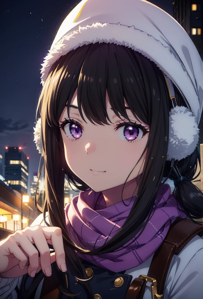 Takiuchikami,Long Hair, bangs, Black Hair, (Purple eyes:1.2),happy smile, smile, Open your mouth,Knitted hat,Earmuffs,Long coat,White Sweater,White scarf,Long skirt,short boots,snowが積もっている,snowが降っている,winter,Cold Sky,night,moonlight,snow,snow,snow,snow,whole bodyがイラストに入るように,Walking,
break looking at viewer, whole body, 
break outdoors, city,construction area,
break (masterpiece:1.2), Highest quality, High resolution, unity 8k wallpaper, (figure:0.8), (Beautiful attention to detail:1.6), Highly detailed face, Perfect lighting, Highly detailed CG, (Perfect hands, Perfect Anatomy),