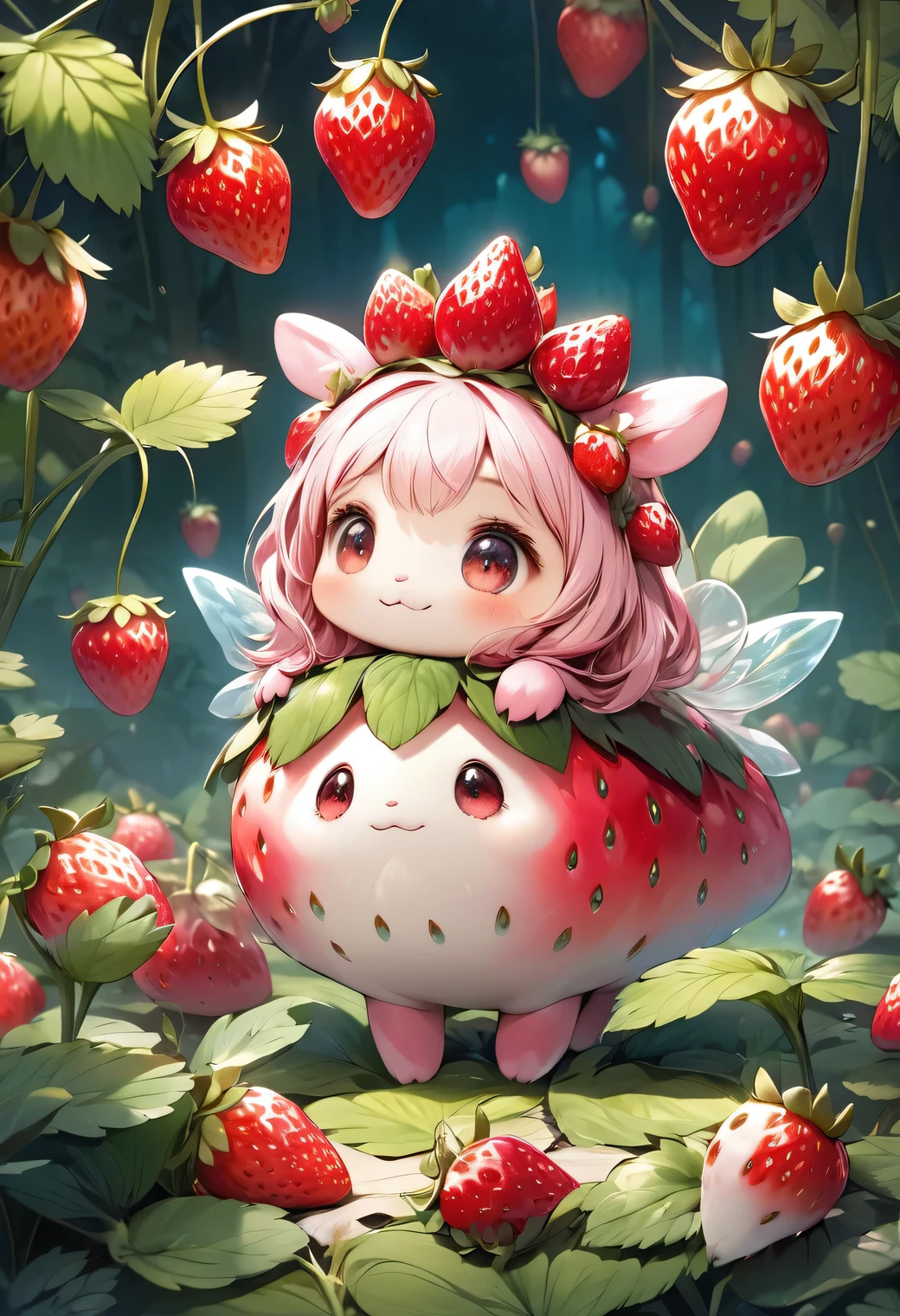 a cute red strawberry creature, 1girl, detailed face and eyes, colorful strawberry costume, sitting on a dish in a fantasy forest, glowing lights, bright colors, magical atmosphere, blushed cheek, beautiful cute face and eyes, beautiful delicate longeyelash, (highest quality,16k,highres,masterpiece:1.2),ultra-detailed,hyper-realistic,photorealistic,photo-realistic:1.37,fantasy,fairytale,vibrant colors,warm lighting