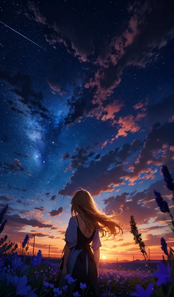 1people々々々々々々々々々々々々々々々,Blonde long-haired woman, White camisole,silhouette, Rear View,Space Sky, Flower Field,Colorful flowers