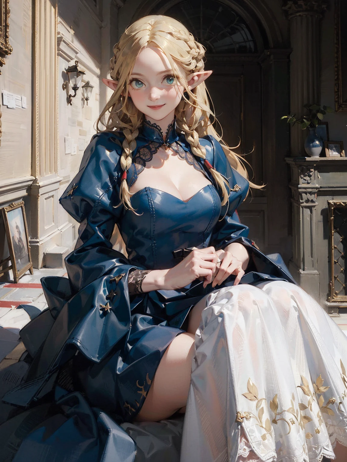 Gothic fashion woman,(masterpiece, Highest quality) detailed,Silver Accessories , blonde ,Pointy Ears ,Lace Underwear,Double Tail,Waist-length hair,smile,White lace socks,Rococo、Gorgeous dress