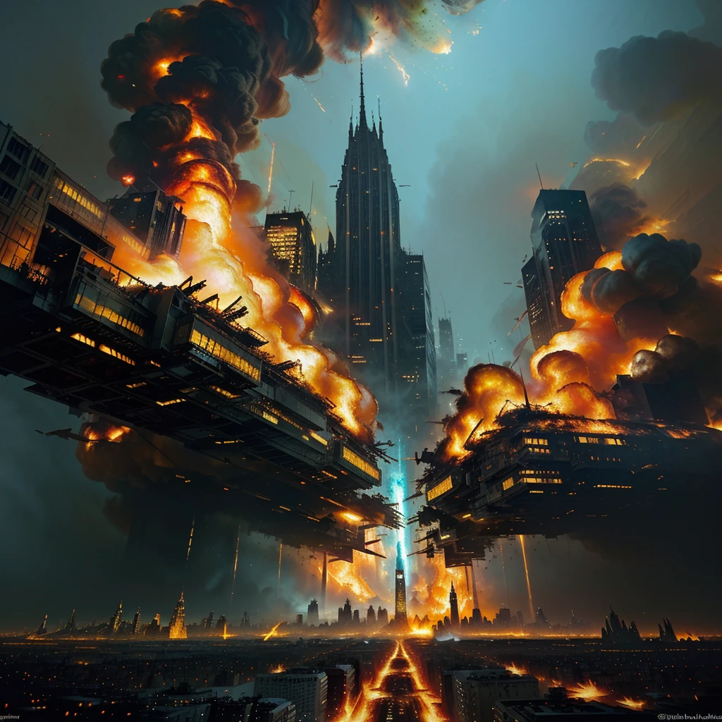 a painting of a city with a lot of fire coming out of it, style of john berkey, by John Berkey, style of john harris, dramatic artwork, destroyed city on fire, stefan koidl, destroying new york city, by joseph binder, stefan koidl inspired, the buildings are on fire, by Rudolph Belarski, ships on fire