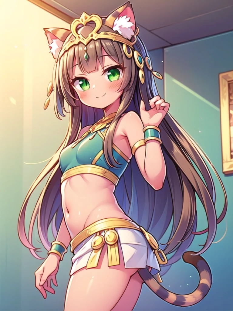 1girl, masterpiece, best quality, perfect hands, white skirt, brown hair, green eyes, tiara, ankle lace-up, cat ears, dark skin, jewelry, midriff, very long hair, cat tail, smile, blush, cowboy shot, bare legs, bastet_PD, cat girl, bastet, revealing clothes, navel, shoulder cutout, bare shoulders, off shoulder