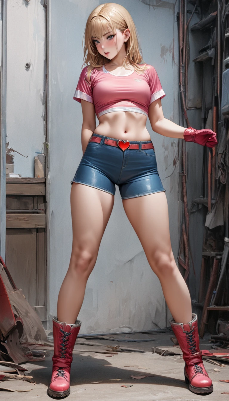 young woman, Super Heroine, Tall posture, (hair (blonde, straight, Chest)), (Pink tight shirt (Crop top, Scoop neck, Short sleeve)), Navel exposed, Blue leather shorts, Pink little boots, A large orange belt with a red heart-shaped buckle, little pink gloves, standing up straight, Full body image (Ultra-high resolution, Ultra-realistic, Super detailed, masterpiece, Highest quality).