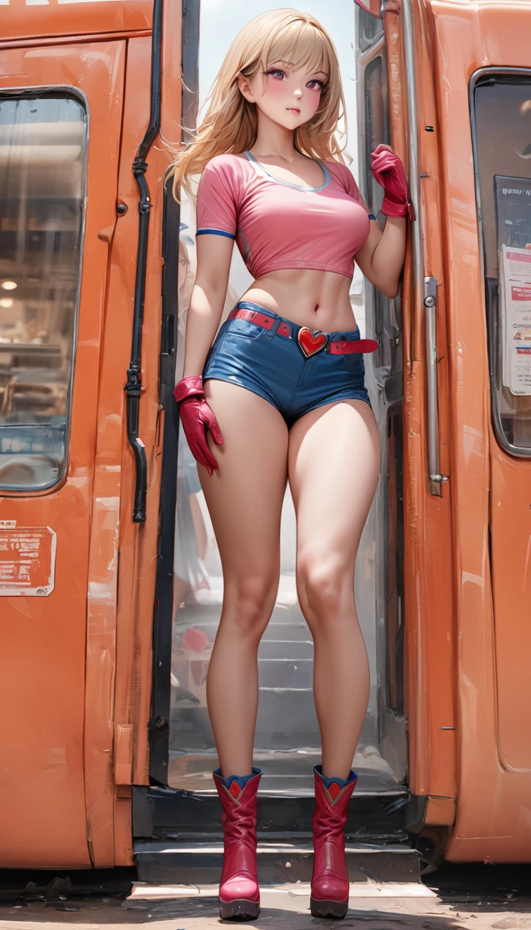 young woman, Super Heroine, Tall posture, (hair (blonde, straight, Chest)), (Pink tight shirt (Crop top, Scoop neck, Short sleeve)), Navel exposed, Blue leather shorts, Pink little boots, A large orange belt with a red heart-shaped buckle, little pink gloves, standing up straight, Full body image (Ultra-high resolution, Ultra-realistic, Super detailed, masterpiece, Highest quality).