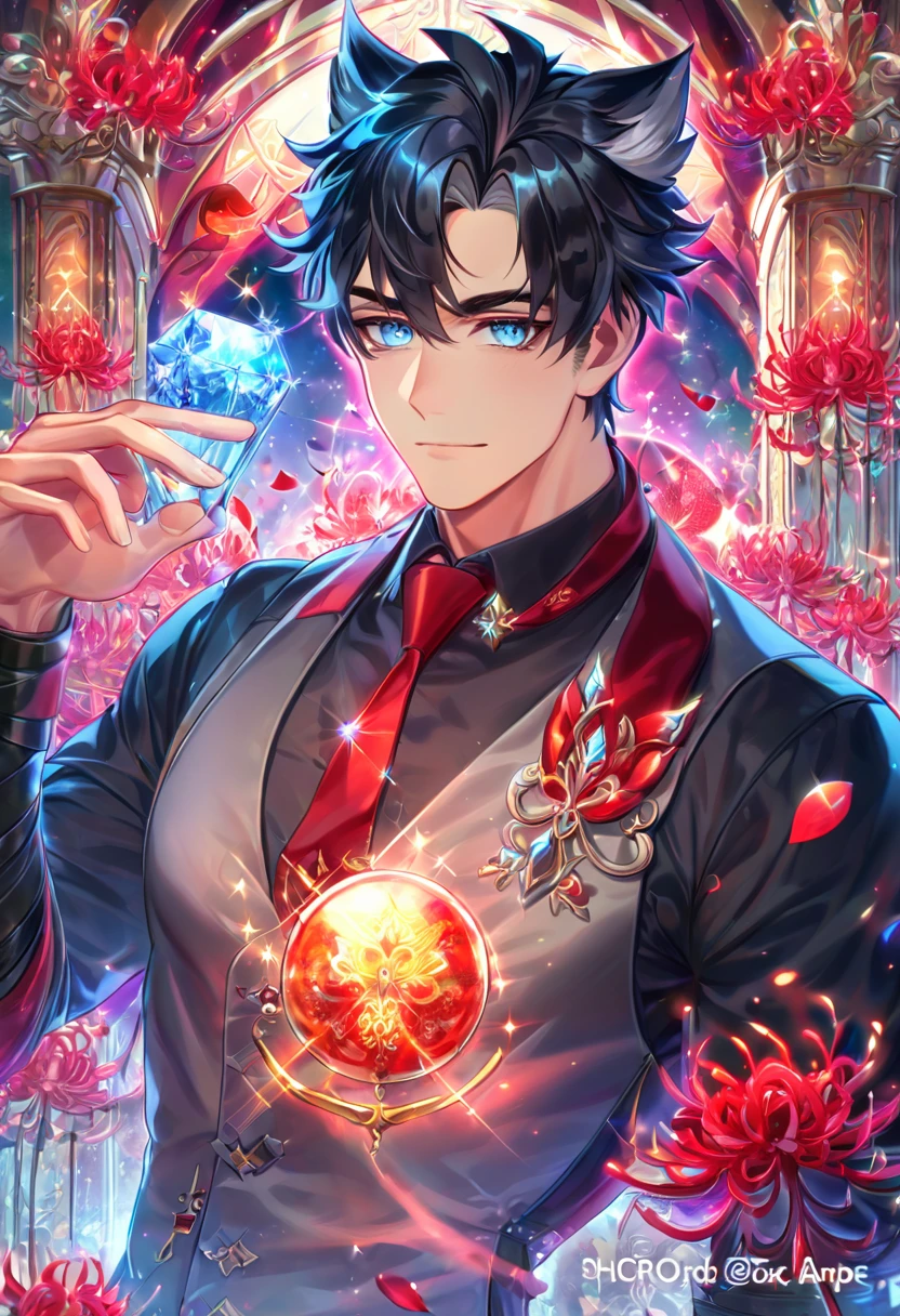absurdres, highres, ultra detailed, HDR) master piece, best quality, Wriothesley, black hair, expressive gray-blue eyes, Genshin Impact, solo, sexy man, handsome, sensual, black shirt, gray vest, loosely red necktie, accessories, magical, fantasy, red butterflies, glittering, sparkling, red spider lilies, petals, radiant, flames, crystal glass style