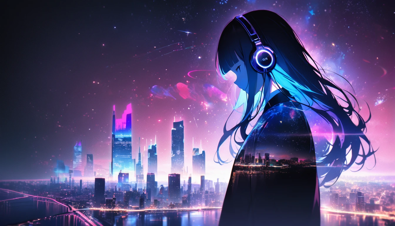 Profile of a woman silhouette.(Long Hair:1.3), Blunt bangs,Starry Sky, (Headphones:1.3), Inside the silhouette you can see the Double exposure with a deep space, universe, Neon Light、Cyber City, masterpiece, ((Double exposure)), Proportion.,Double exposure