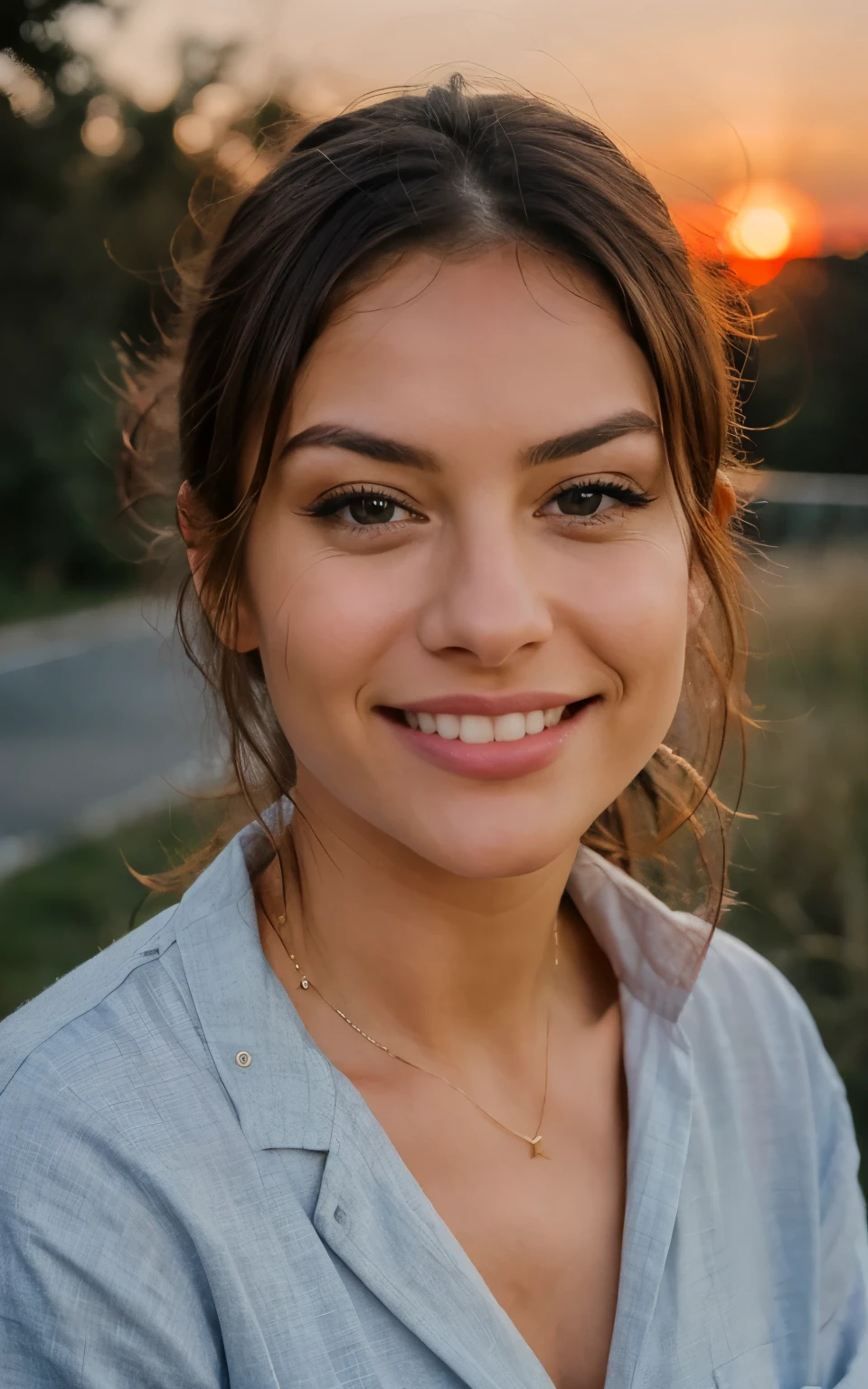 A American woman, 25yrs age, wearing casual shirt, high detailed facial structure, perfect structure, looking at the sunset, portrait, ultra realistic, magic light, cinematic, smiling cute face