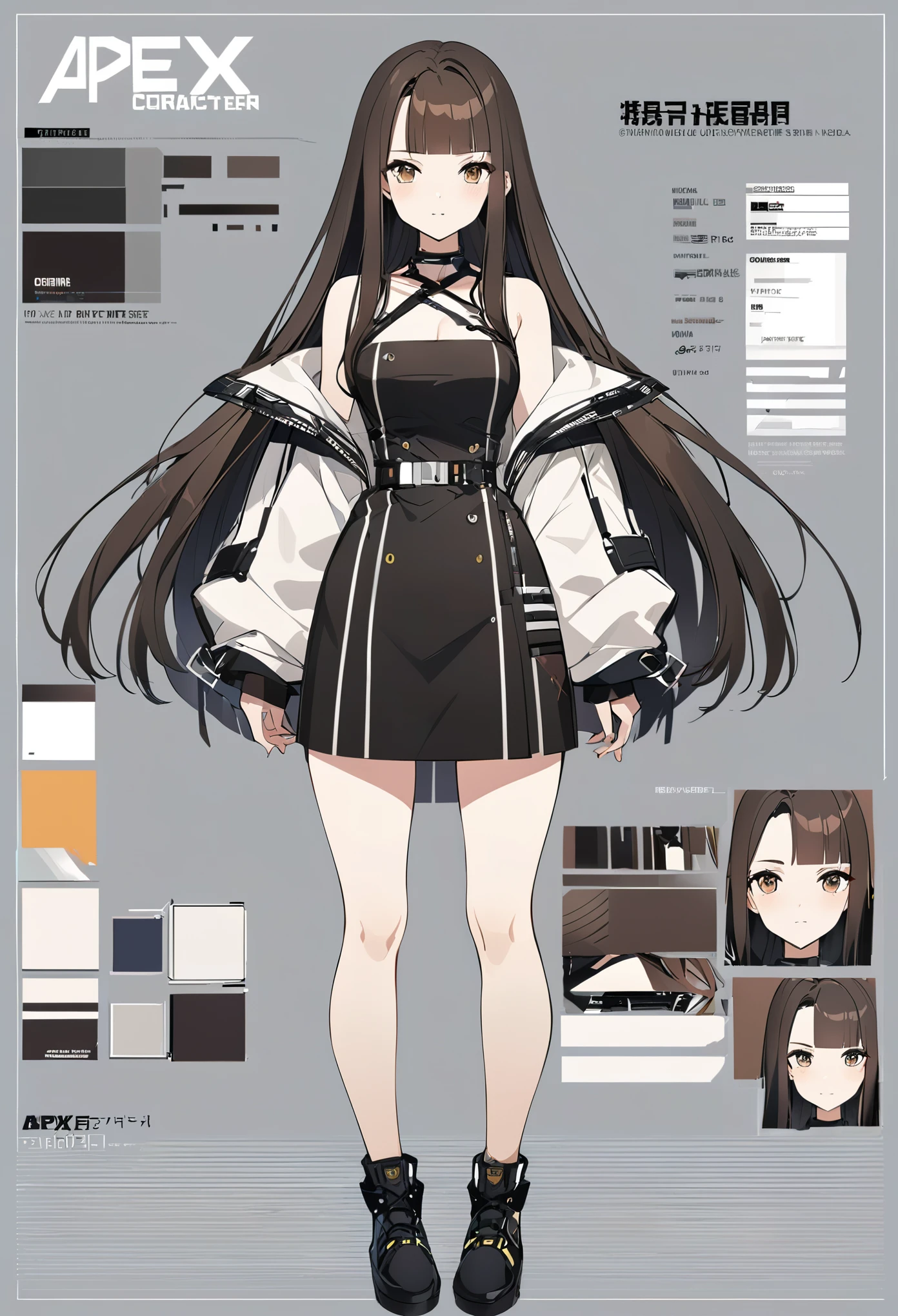 Forehead、Brown Hair、Shoulder-length hair、Center part、APEX、gun、Virtual Character Design,Black Hair、blunt bangs、Straight Hair、Brown Hair、Concept character sheet, face, Modern design, 1 female,Sexy concept, 