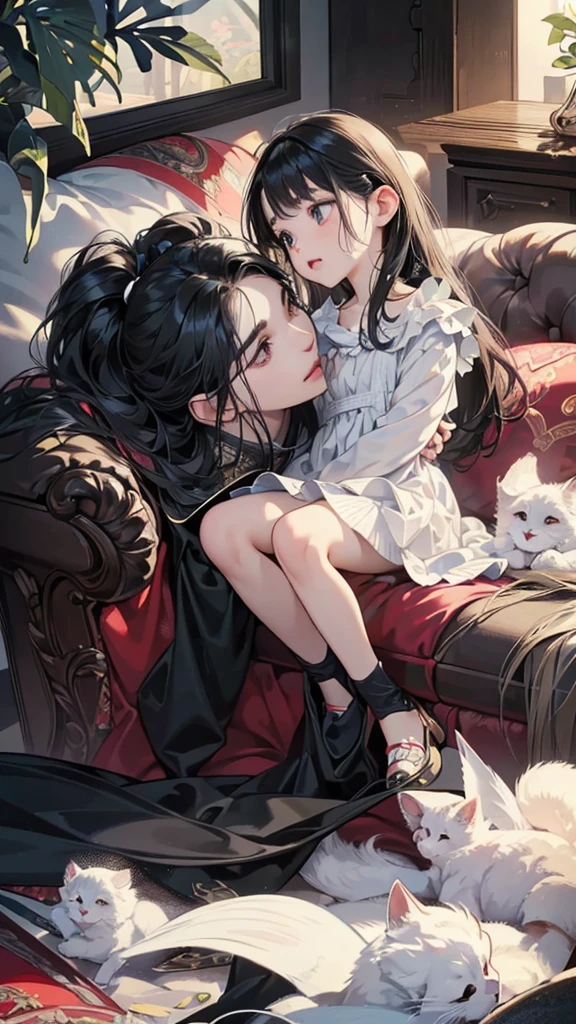 (digital art, digital illustration, 4K, 8ก, Very detailed, beautiful picture, Sharp picture, realistic, raw photos, perfect face, perfect lines, perfect eyes, soft light) black hair, Nephew's cat