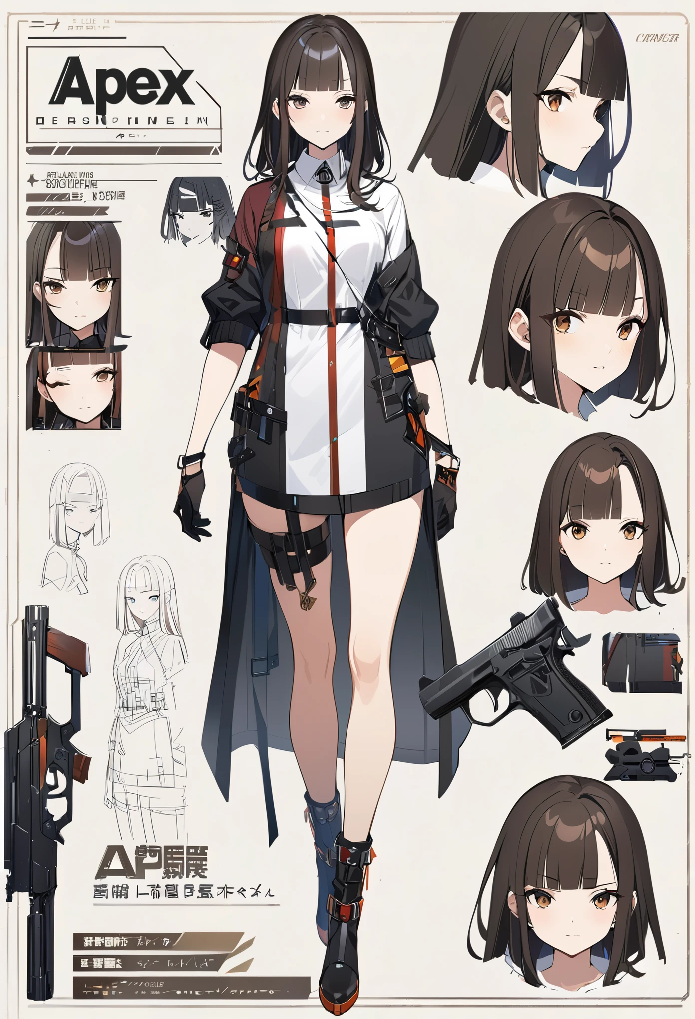 Forehead、Brown Hair、Shoulder-length hair、Center part、APEX、gun、Virtual Character Design,Black Hair、blunt bangs、Straight Hair、Brown Hair、Concept character sheet, face, Modern design, 1 female,Sexy concept,