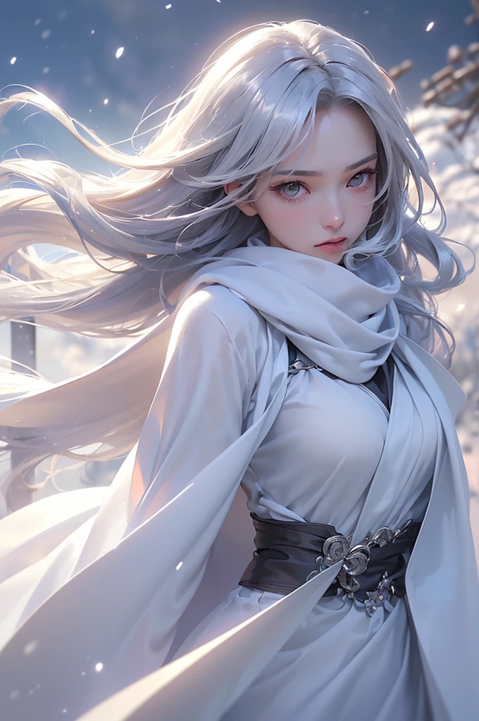 ((masterpiece:1.5、8k、Portraiture、フォトリアリスティックでVery detailedなCG、Very detailed、Particle Effects、Dynamic Effects、Shallow depth of field、Cinematic Light、Lens flare、Ray Tracing、Tabletop、Realistic:1.4、Ultra-high resolution:1.2、Realistic、Realistic))((alone、,オフショルダーのドレスの上にカシミアのcoatを着た女性:1.4、wear a long scarf、White belt、coat、Elegant woman posing、Detailed face、bright表情、young, bright, Whiter skin、Ample breasts、Best Looks、Ultimate beauty、Shiny silver hair with highlights、bright and shiny hair,、Super long, Silky straight hair、Hair dancing in the wind))(morning、outdoors, winter, snow falling)
