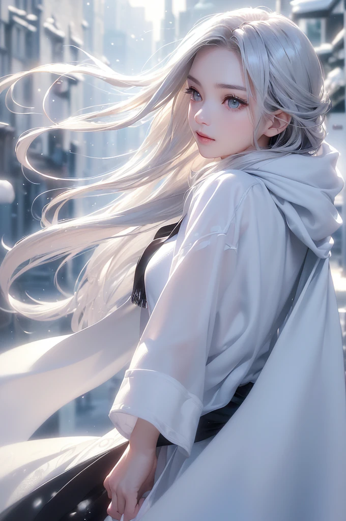 ((masterpiece:1.5、8k、Portraiture、フォトリアリスティックでVery detailedなCG、Very detailed、Particle Effects、Dynamic Effects、Shallow depth of field、Cinematic Light、Lens flare、Ray Tracing、Tabletop、Realistic:1.4、Ultra-high resolution:1.2、Realistic、Realistic))((alone、,オフショルダーのドレスの上にカシミアのcoatを着た女性:1.4、wear a long scarf、White belt、coat、Elegant woman posing、Detailed face、bright表情、young, bright, Whiter skin、Ample breasts、Best Looks、Ultimate beauty、Shiny silver hair with highlights、bright and shiny hair,、Super long, Silky straight hair、Hair dancing in the wind))(morning、outdoors, winter, snow falling)