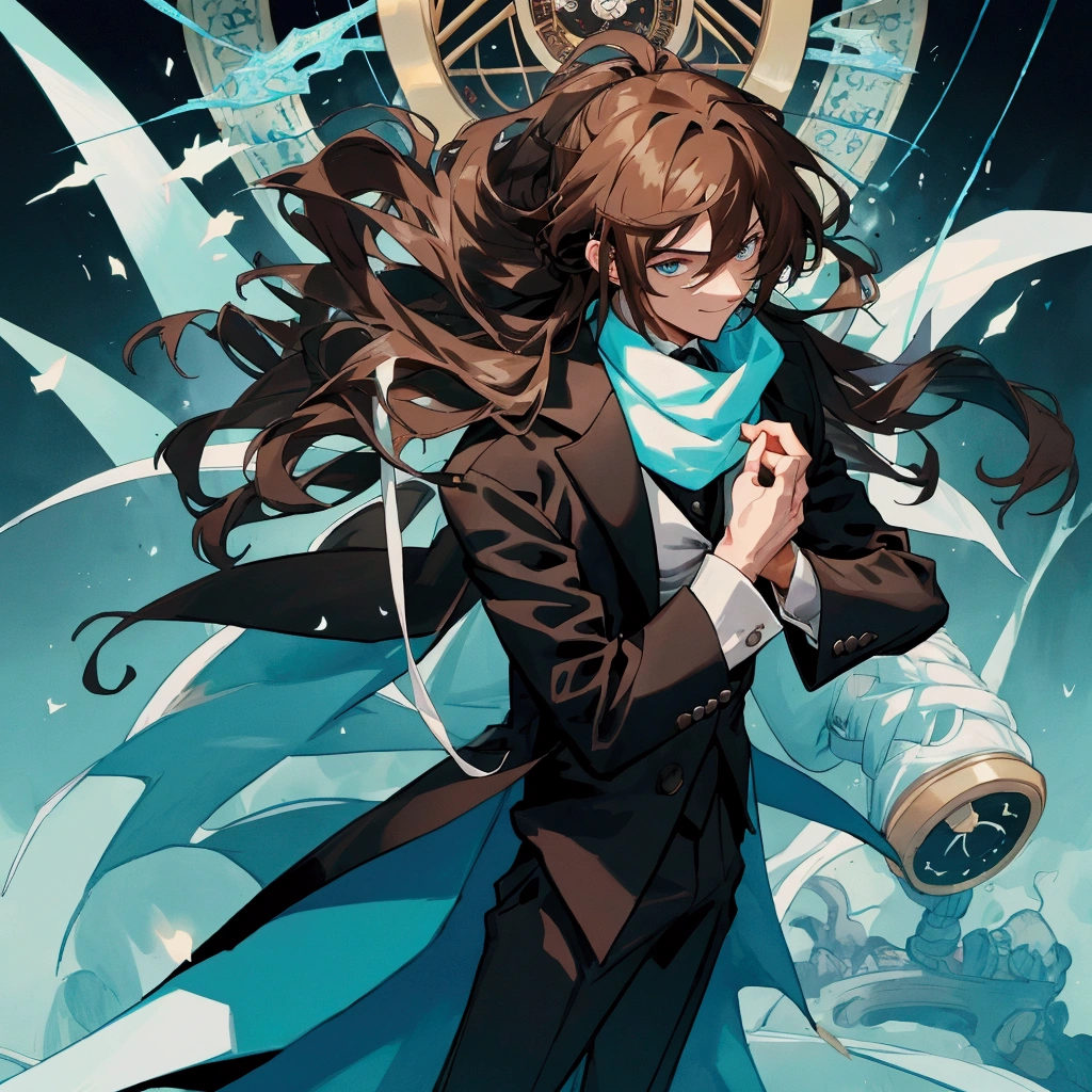 1 man with long brown hair and hair tied back, wearing a black overcoat covering his white shirt with a cyan tie and black dress pants with pockets and chains while wearing a white scarf with a tall white background with a smile and a clock showing 12 hours and 28 Roman minutes in black and white and conjuring a magic in the form of a cyan colored time clock with his hair looking like Meliodas with a masculine but beautiful face