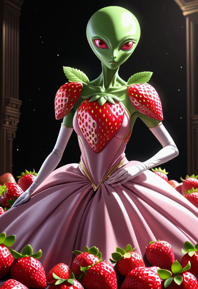 a beautiful strawberry alien with Strawberry-like Chest, wearing a cute dress, extremely detailed face, beautiful eyes, long eyelashes, detailed lips, highly realistic, 8k, masterpiece, photorealistic, intricate details, vivid colors, digital art, ethereal, fantasy, surreal,giga_busty