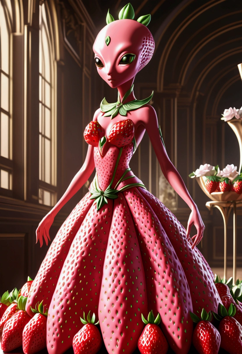 a beautiful strawberry alien with Strawberry-like Chest, wearing a cute dress, extremely detailed face, beautiful eyes, long eyelashes, detailed lips, highly realistic, 8k, masterpiece, photorealistic, intricate details, vivid colors, digital art, ethereal, fantasy, surreal,giga_busty