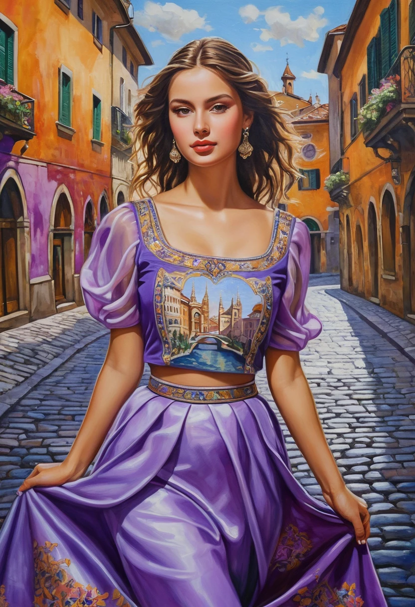 captivating oil painting of a charming young slavic woman, returning to milan, exudes an aura of confidence and poise. she wears a stunning, elegant top and a mesmerizing skirt adorned with vibrant persian lilac. the engraved text "back to milano" adds an artistic touch to the piece. the background features a romantic italian cityscape with cobblestone streets, charming buildings,