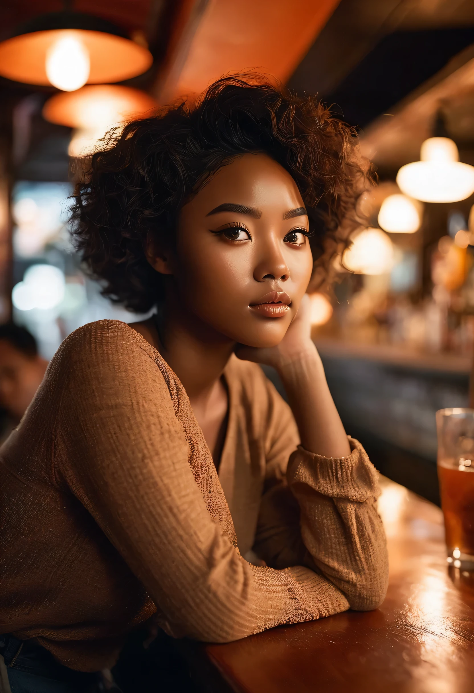 A captivating and romantic image of a stunning black girl sitting at a dimly lit bar, her eyes looking away with a strong yet soft facial expression. The scene is set in the Hallyu style, with soft, romantic lighting and a warm color palette of dark orange and light brown tones. She is captured with the Zeiss Batis 18mm f/2.8 lens, which emphasizes the realistic details of her features and the textures of her surroundings. The backdrop reveals a blurred, dreamy atmosphere, immersing the viewer in the romantic ambiance.