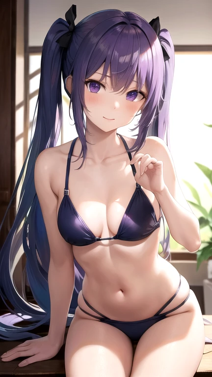 Hatsune Miku,fantasy art,(Body is thin,,Bikini swimsuit with a small area:1.5,Small breasts,sexly),The bikini swimsuit is purple in color.,Silky skin,,(Her hair is one shade of purple:1.5),(Natural Side Lighting, Cinema Lighting), Depth of written boundary, Beautiful Hair, Beautiful Face, Beautiful attention to detail, Beautiful clavicle,Beautiful feet, Beautiful fingers,