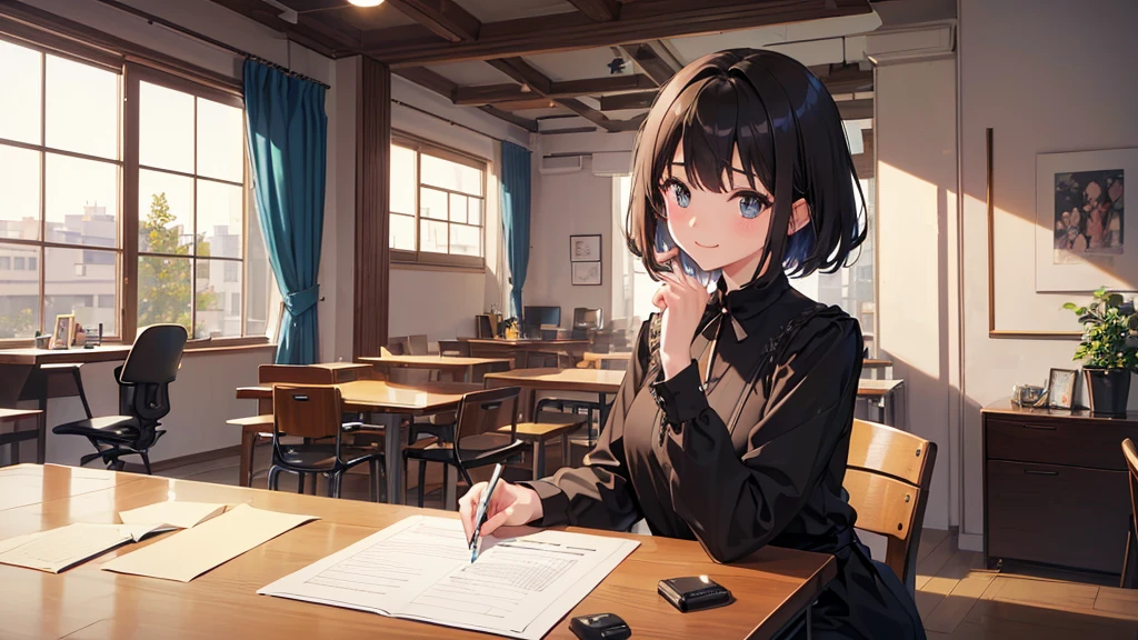 (beautiful eyes finely detailed、Face to detail、masterpiece sidelighting、​masterpiece、top-quality、detaileds、High resolution illustration)、((Note PC:1.2)), ((Scene、1 persons)), (jpn、TOKYOcty、modern day、large company、A room in a high-rise building、wide angles、s Office)、,(You are using a laptop、desk work)（rcasual、Black collarless shirt、long-sleeve、adult lady)、(1 persons、adult-like、Female around 25 years old) ,(1girl in,The upper part of the body、from waist up、Esbian,frontage、Beautuful Women,luslous skin、see the beholder、A smile), (Short hair、Brown-eyed、)、