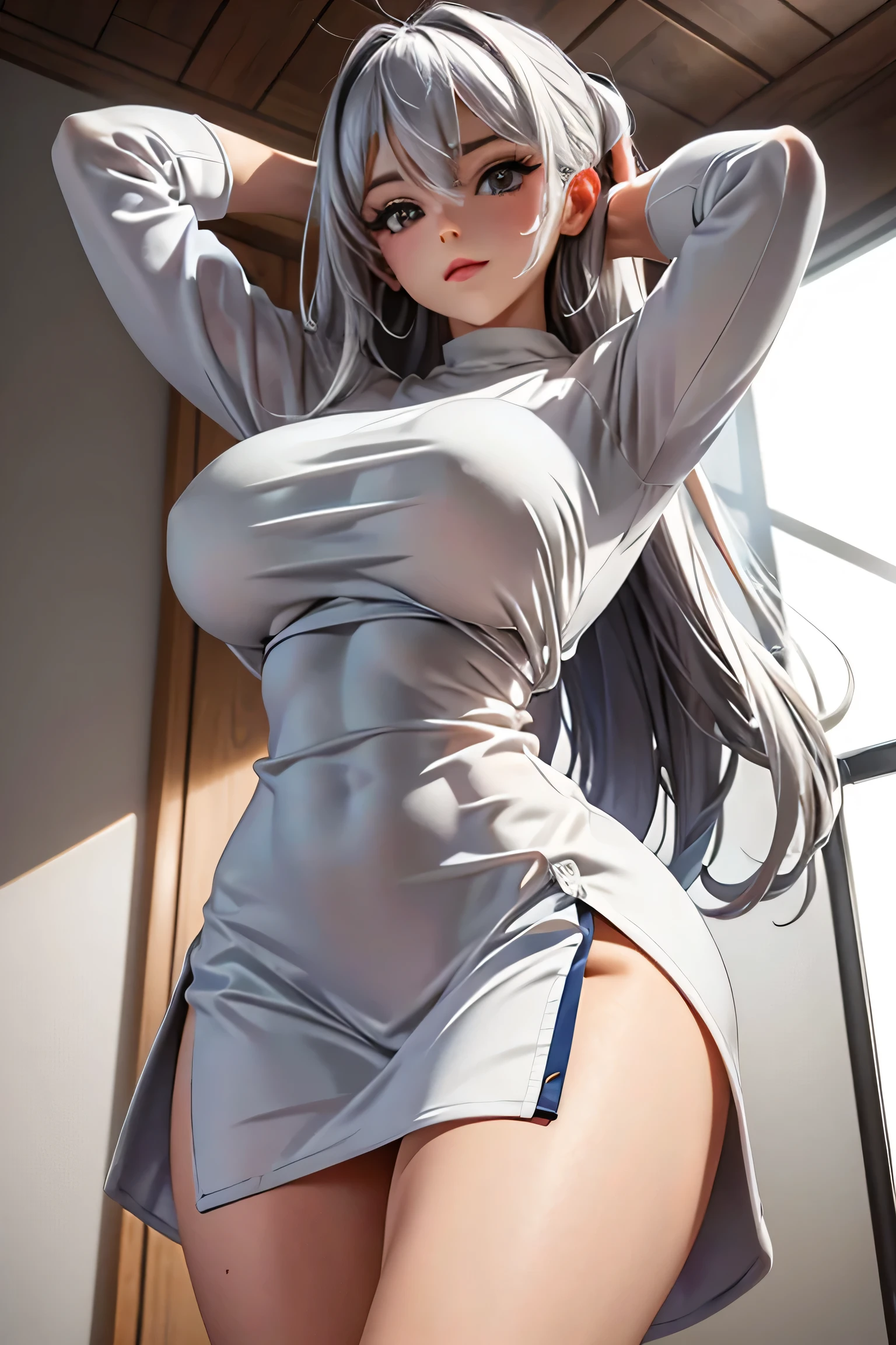 Woman, white open sweatshirt, gray t-shirt, short, voluminous thighs, Beautiful Breasts, sultry posing, hands behind the back, skirt dress, hand holding thigh