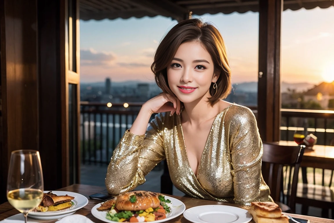 (Realistic:1.1),(masterpiece,Highest quality),8k,(56 years old), 53 years old, ベリーslimボディ、slimカップル、Tight waist,Upper Body,full-course dinner、wine 、Amazing view of the sunset sky and clouds、Perfect Anatomy, Brown Hair, short hair,Random Hairstyles,((Highly detailed face and eyes:1.2)),Perfect golden ratio face,Long sleeve shirt、dress,(smile:1.2)、Shortcuts、cute、(Realistic, Intricate details:1.2), A bright smile、short hair,Bright Face、赤wine 、Appetizers、Italian food、wine bottle、Champagne、スパークリングwine、(slimな顔), (The body is slim), (Brown Hair), (Shortcuts), Upper Body, 白wine, slim, wineグラス,
