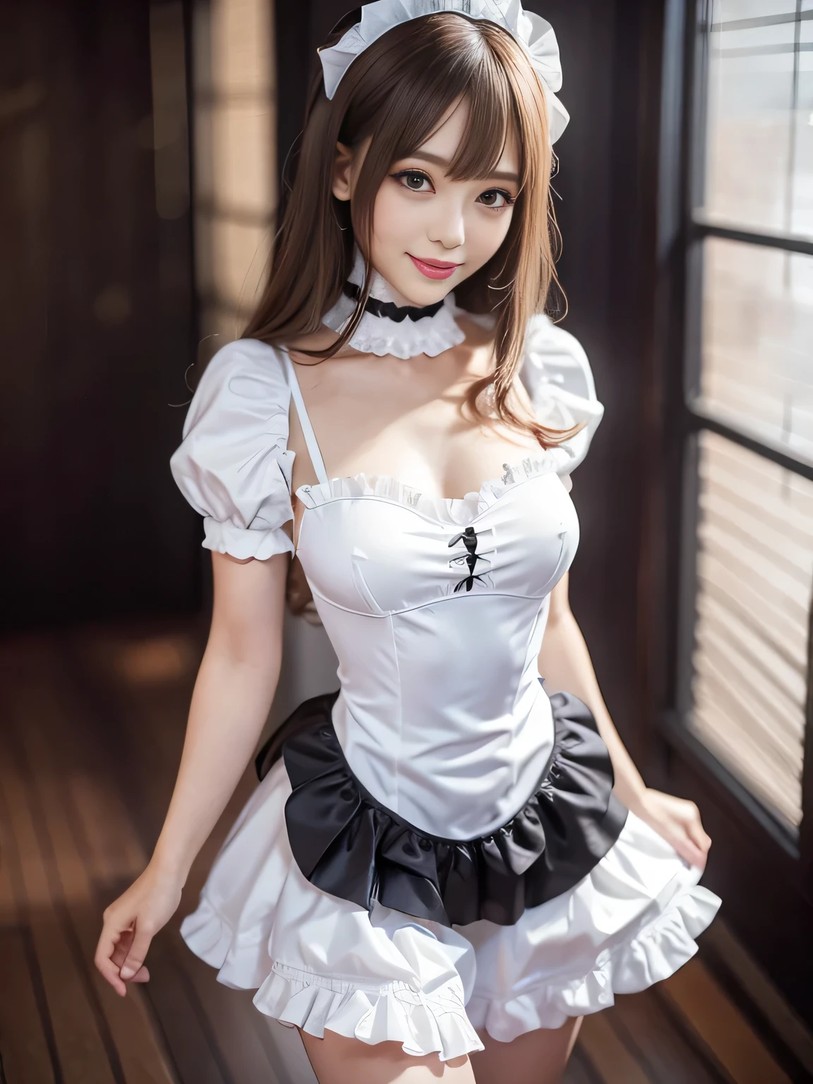 masterpiece、One girl per photo、Full Body Shot、Front view、Young and beautiful woman in Japan、Wearing a cute short-sleeved satin silver black maid outfit、With a big smile、White ruffled headband、White frilly apron、Black choker、Charming person、Very cute face、Glossy Lips、Sweaty body、Double eyelids on both eyes、 Natural Makeup、Long eyelashes、Long Bob Hair、Shiny and smooth light brown hair、Asymmetrical bangs、Sunburned skin、Center image、8k resolution、Advanced Details、Detailed hairstyle、Detailed face、Great cinema lighting、Octane Rendering、Vibrant、Ultra-realistic、Perfect limbs、Perfect Anatomy、Huge