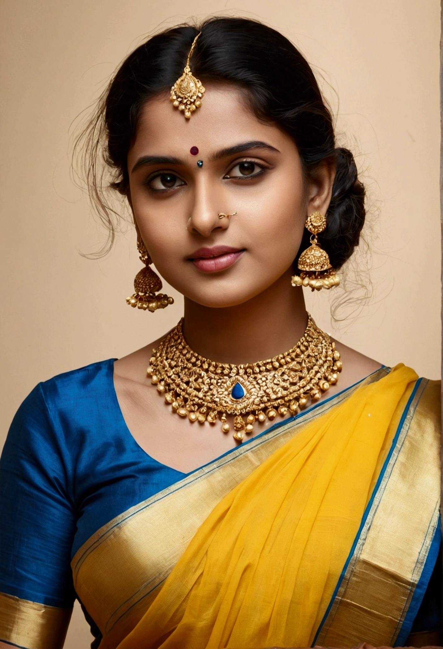 A girl with yellow saree and blue blouse with a necklace and earrings.