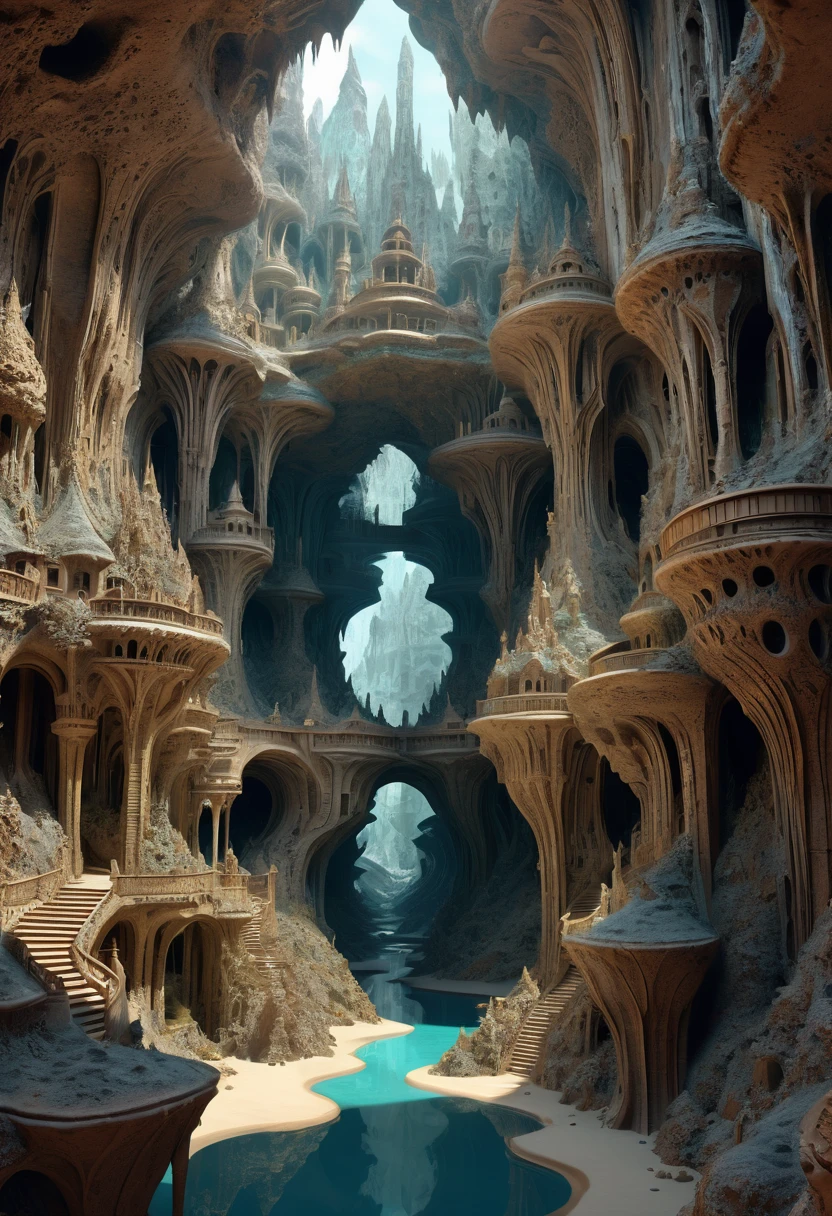 there are many inverted cavities (different rooms, united by mandelbulb projections that form passages) in the middle of an underground canyon that forms a mandelbulb mud village at different heights with many balconies and stalactites and stalactites, fantasy architecture, Highly detailed 4K digital art, beautiful detailed fantasy, stunning fantasy landscape, detailed fantasy digital art, arstation and high beep, fantasy style 8k octane rendering, stuning fantasy 3d rendering, Detailed fantasy in 4K, fantasy 3d rendering, 3D rendering beep, deep and massive desert landscape, stalacmite cave labyrinth type very confusing geonosis bubbes