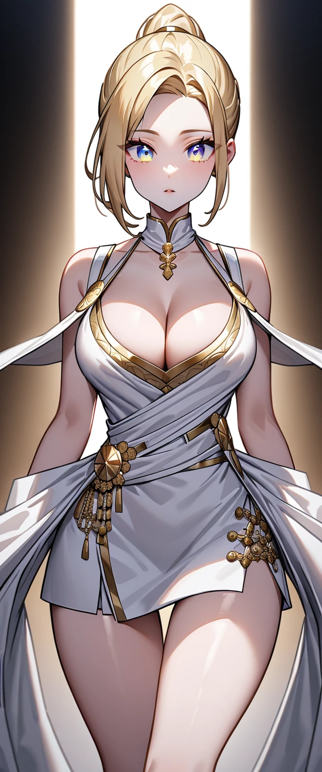 とても薄い服を着た曲線美な体の女god god様 god々Shii Shoulder Bare Dynamic pose ギリシャgod話 Athena godの装飾 Big eyes Rainbow Eyes Blonde ((Short Hair)) High Ponytail Sideburns are braided on the side Center-parted bangs Forehead An oversized cloth dress with shoulder straps that cross in front of the neck There are folds in the clothes ((Cleavage)) Very detailed Clothes made from a single piece of fabric Pure white clothes ((mini skirt)) Decorated with gorgeous gold ornaments