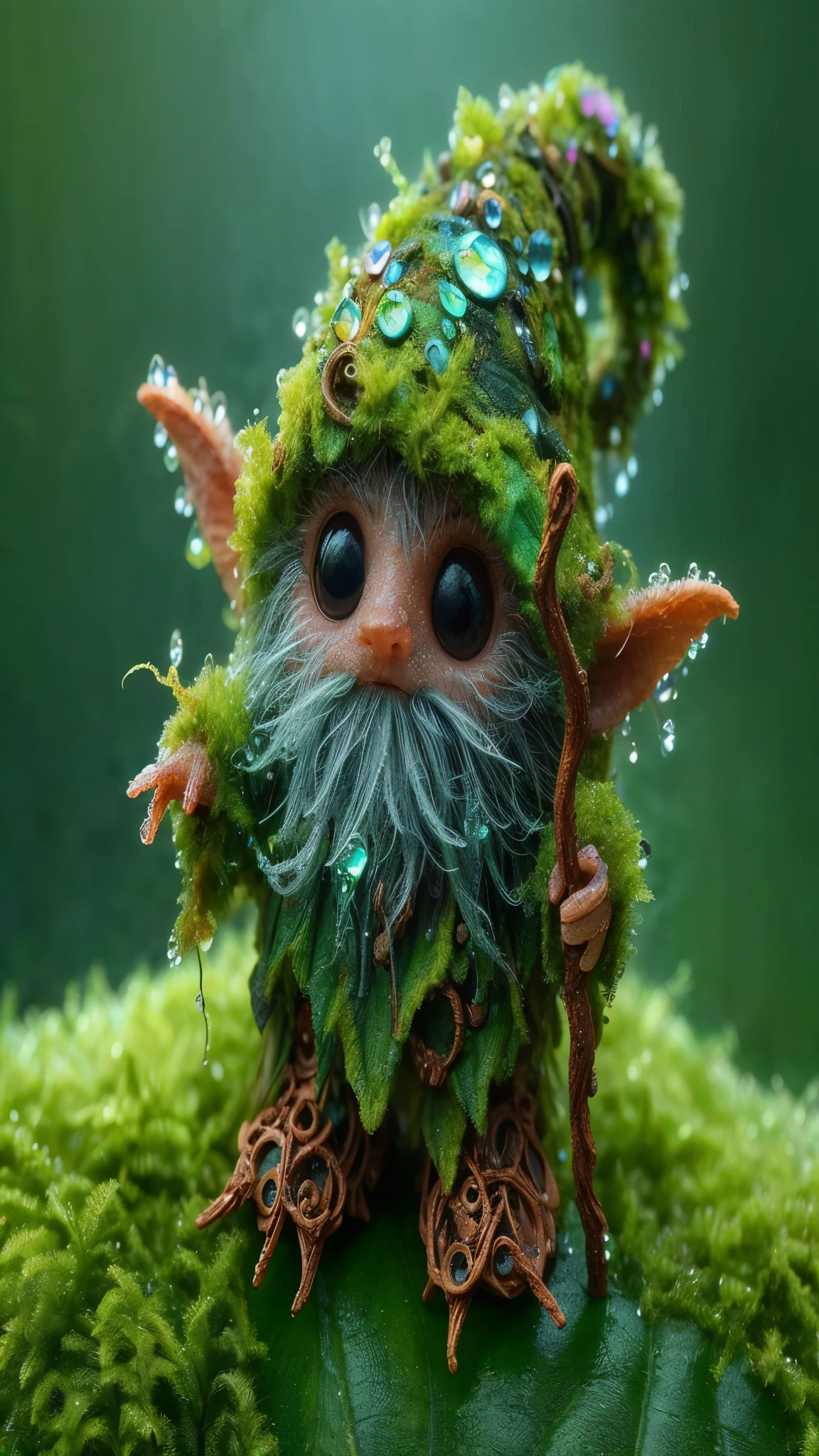 A cute diminutive moss covered dewy male male wizard, wrinkled old looking skin, close up in a dewy rain forest, intricate wizarding costume cragged materials, In a tilt-shift, macro-photographed scene with a shallow depth of field, a tiny, iridescent mystic wizard, intricate gnarled leather wizarding boots, its body a mesmerizing mosaic of microscopic mirrors and gears, perches on the velvety, emerald-green edge of a dew-kissed leaf, surrounded by a constellation of glistening, crystal-like droplets that refract and reflect the soft, golden light filtering through the forest canopy above, amidst a tapestry of intricate, lace-like ferns and moss-covered twigs, with the blurred, bokeh-rich background a warm, earthy blend of umber, sienna, and olive hues.