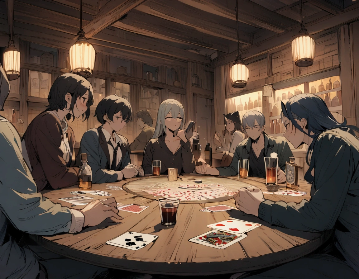 ((((masterpiece, Highest quality, High resolution)))),High detail, manga，anime，Illustration Style，Dark and calm night colors,Arranged playing cards,ポーカーをするためのpub,Game fantasy world view,Extremely detailed 8K, High detail, pub,Table at the liquor store,Devoid of humans,A table with playing cards,